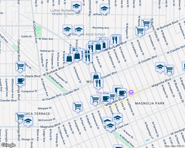 map of restaurants, bars, coffee shops, grocery stores, and more near 1233 North Cordova Street in Burbank