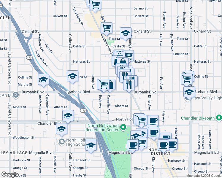 map of restaurants, bars, coffee shops, grocery stores, and more near 5625 Farmdale Avenue in Los Angeles