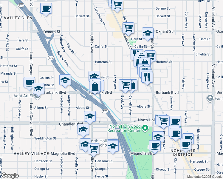 map of restaurants, bars, coffee shops, grocery stores, and more near 5627 Lemp Avenue in Los Angeles