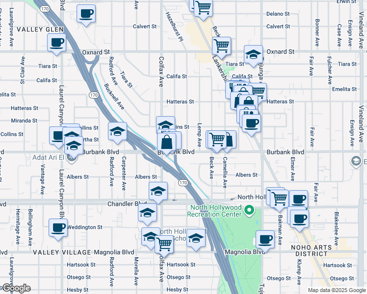 map of restaurants, bars, coffee shops, grocery stores, and more near 5633 Irvine Avenue in Los Angeles