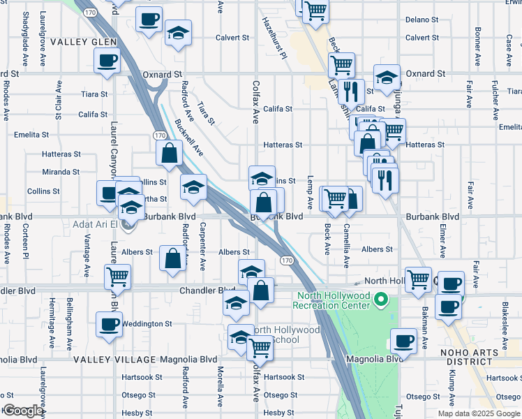 map of restaurants, bars, coffee shops, grocery stores, and more near 5628 Colfax Avenue in Los Angeles