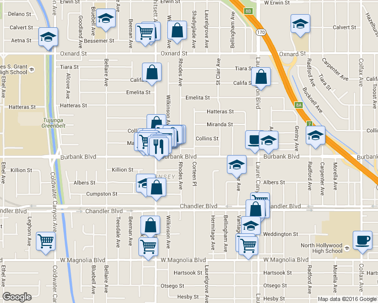 map of restaurants, bars, coffee shops, grocery stores, and more near 5625 Corteen Place in Los Angeles