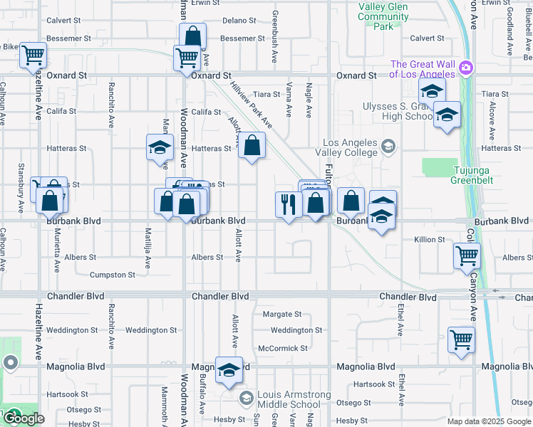 map of restaurants, bars, coffee shops, grocery stores, and more near 5630 Sunnyslope Avenue in Los Angeles