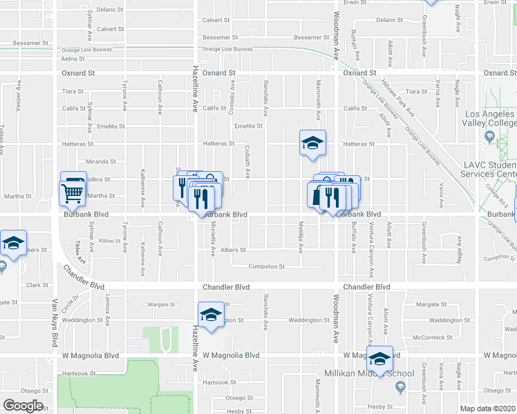 map of restaurants, bars, coffee shops, grocery stores, and more near 5626 Ranchito Avenue in Los Angeles