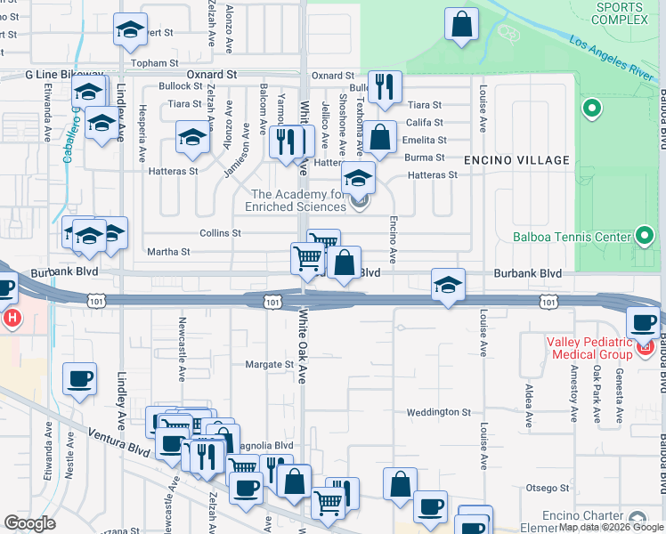map of restaurants, bars, coffee shops, grocery stores, and more near 17602 Martha Street in Los Angeles