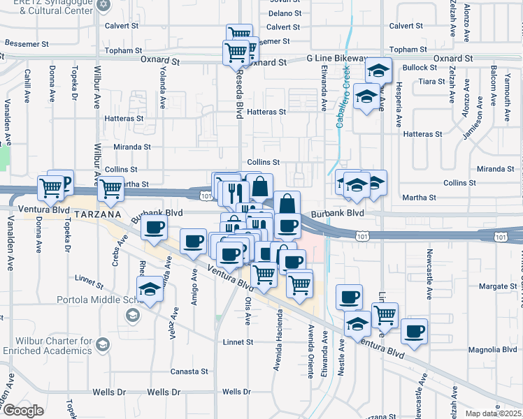 map of restaurants, bars, coffee shops, grocery stores, and more near 18425 Burbank Boulevard in Los Angeles