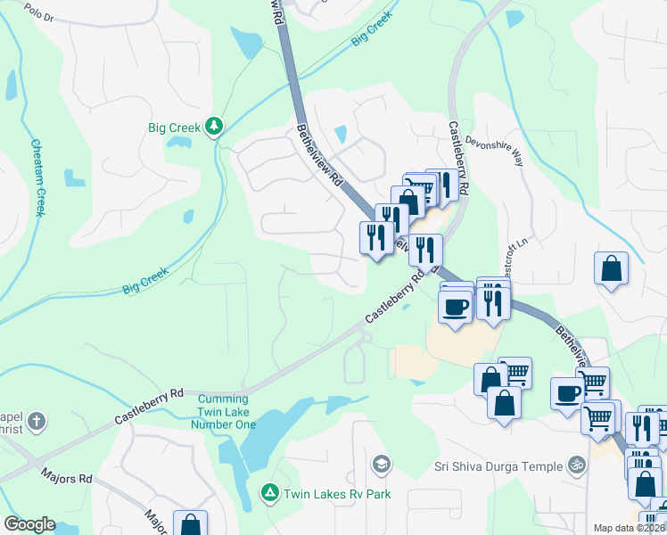 map of restaurants, bars, coffee shops, grocery stores, and more near 6340 Forest Shore Court in Cumming