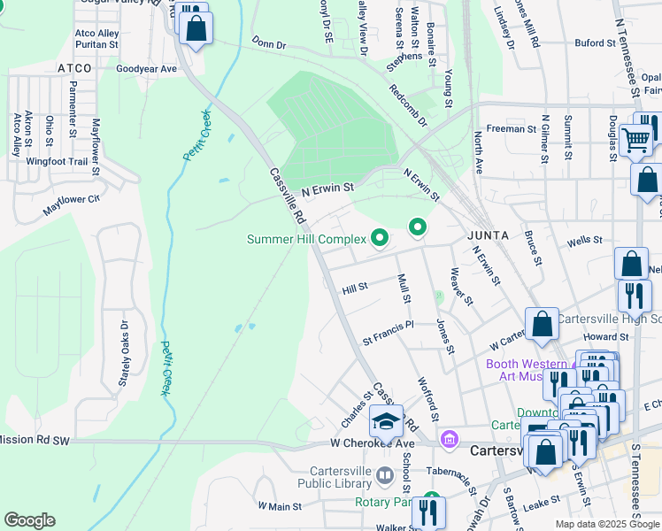 map of restaurants, bars, coffee shops, grocery stores, and more near 119 Cassville Road in Cartersville