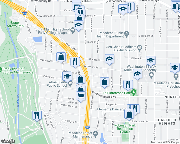 map of restaurants, bars, coffee shops, grocery stores, and more near 1531 Mentone Avenue in Pasadena