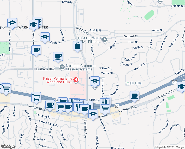 map of restaurants, bars, coffee shops, grocery stores, and more near 20850 Martha Street in Los Angeles