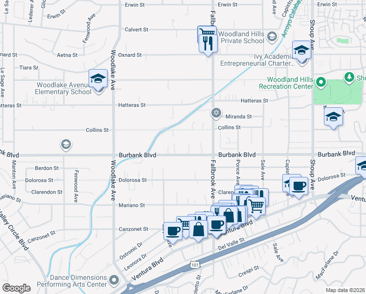map of restaurants, bars, coffee shops, grocery stores, and more near 22913 Burbank Boulevard in Los Angeles