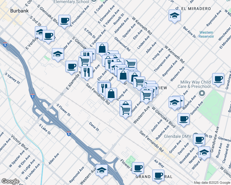 map of restaurants, bars, coffee shops, grocery stores, and more near 1038 Allen Avenue in Glendale