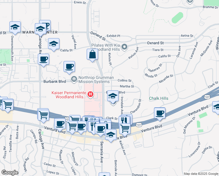 map of restaurants, bars, coffee shops, grocery stores, and more near 20850 Martha Street in Los Angeles