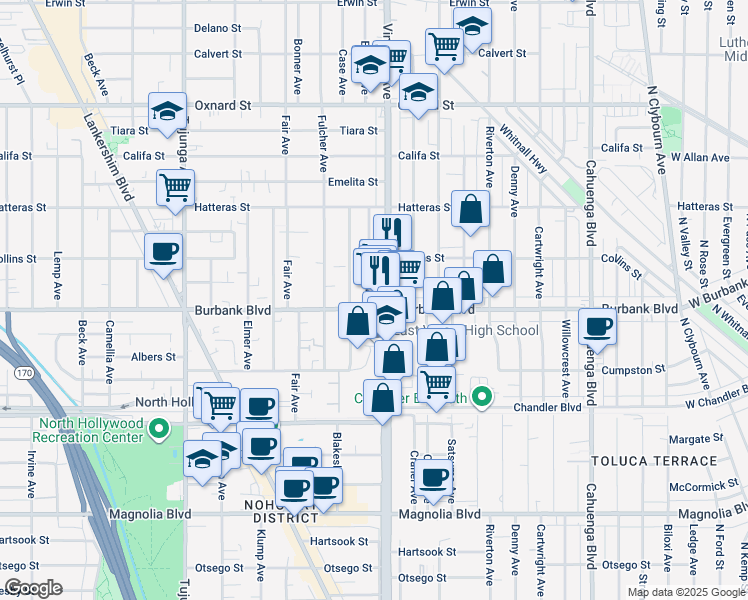 map of restaurants, bars, coffee shops, grocery stores, and more near 11009 Burbank Boulevard in Los Angeles