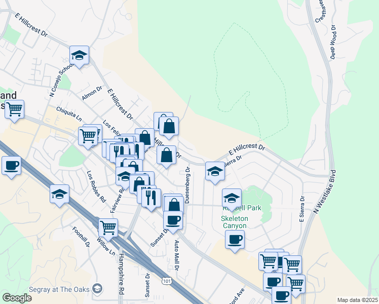 map of restaurants, bars, coffee shops, grocery stores, and more near 3063 East Hillcrest Drive in Westlake Village
