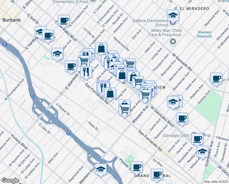 map of restaurants, bars, coffee shops, grocery stores, and more near 1038 Allen Avenue in Glendale