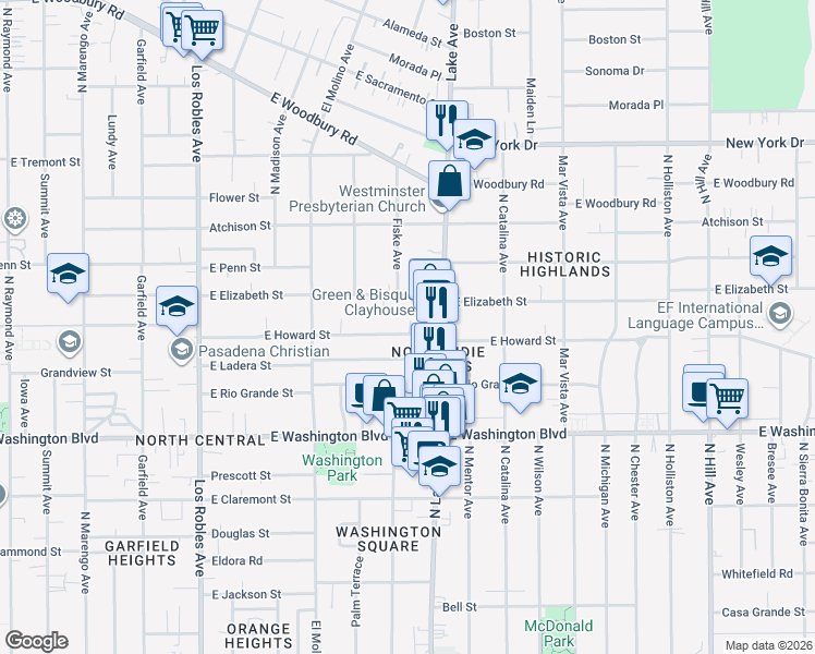 map of restaurants, bars, coffee shops, grocery stores, and more near 792 East Elizabeth Street in Pasadena