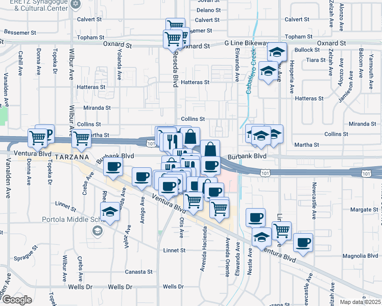 map of restaurants, bars, coffee shops, grocery stores, and more near 18425 Burbank Boulevard in Los Angeles