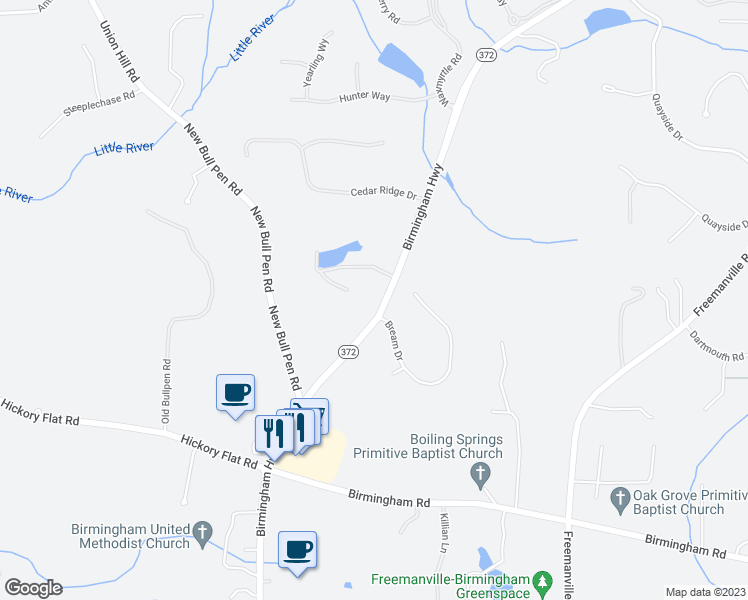 map of restaurants, bars, coffee shops, grocery stores, and more near 16150 Birmingham Highway in Alpharetta