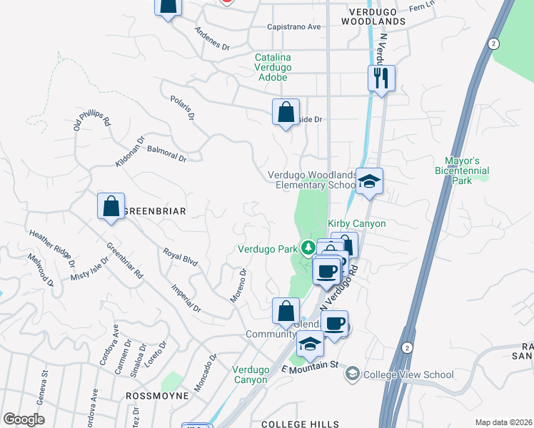 map of restaurants, bars, coffee shops, grocery stores, and more near 1924 Las Flores Drive in Glendale