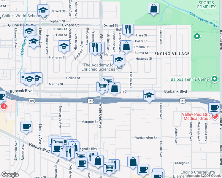 map of restaurants, bars, coffee shops, grocery stores, and more near 17602 Martha Street in Los Angeles