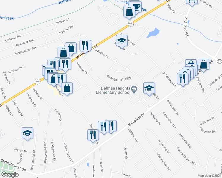 map of restaurants, bars, coffee shops, grocery stores, and more near 1355 Millbank Drive in Florence