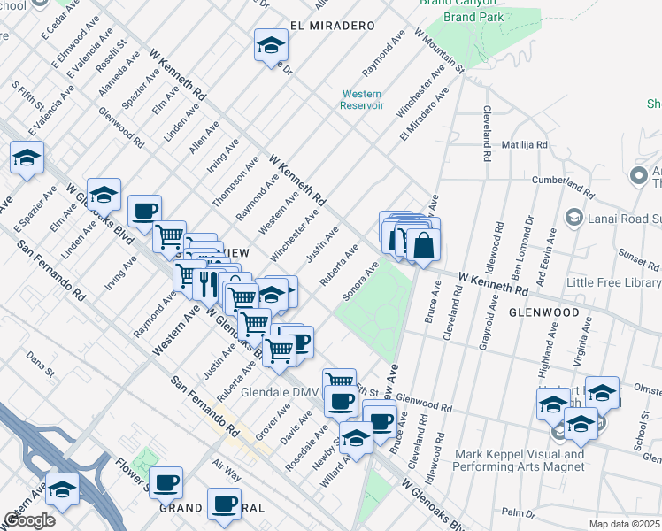 map of restaurants, bars, coffee shops, grocery stores, and more near 1239 Ruberta Avenue in Glendale