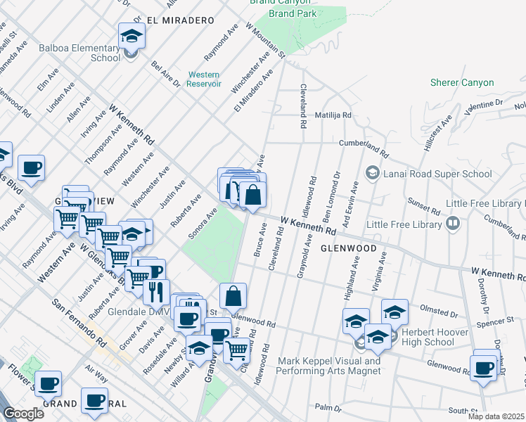 map of restaurants, bars, coffee shops, grocery stores, and more near 1023 West Kenneth Road in Glendale