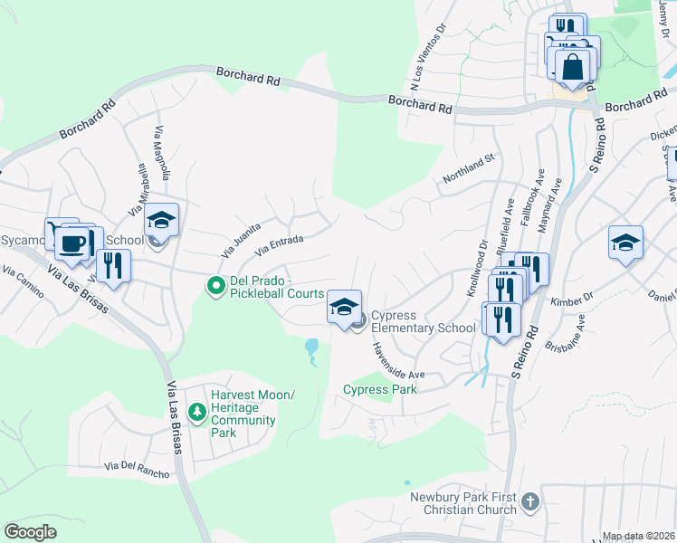 map of restaurants, bars, coffee shops, grocery stores, and more near 4209 Via Encanto in Thousand Oaks