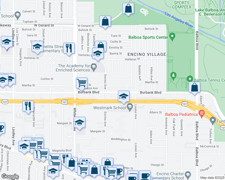 map of restaurants, bars, coffee shops, grocery stores, and more near 17429 Burbank Boulevard in Los Angeles