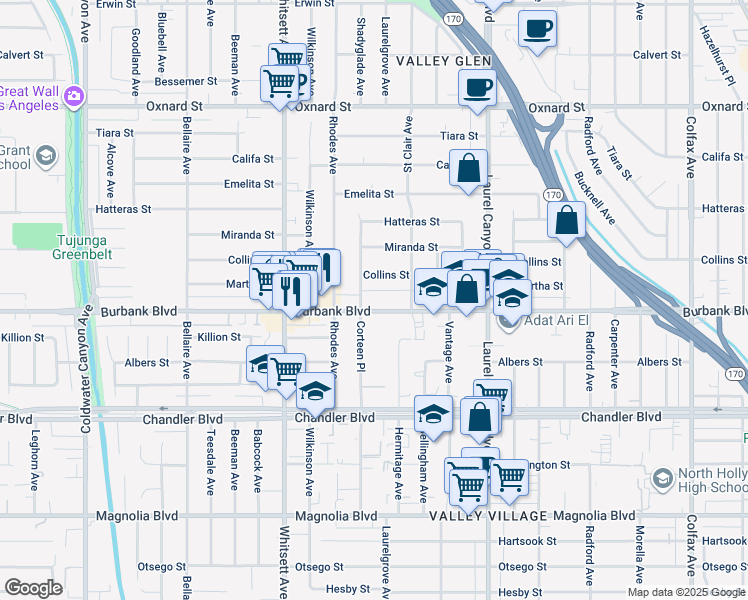 map of restaurants, bars, coffee shops, grocery stores, and more near 12315 Burbank Boulevard in Los Angeles