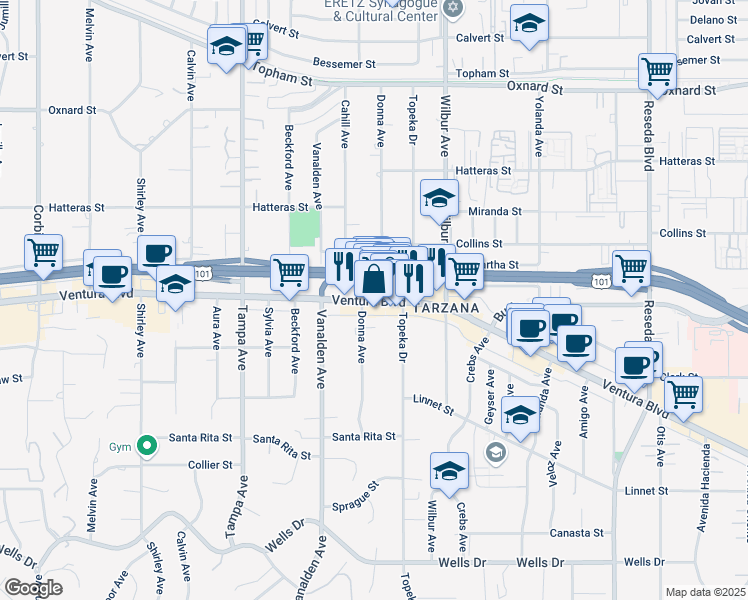 map of restaurants, bars, coffee shops, grocery stores, and more near 19013 Ventura Boulevard in Los Angeles