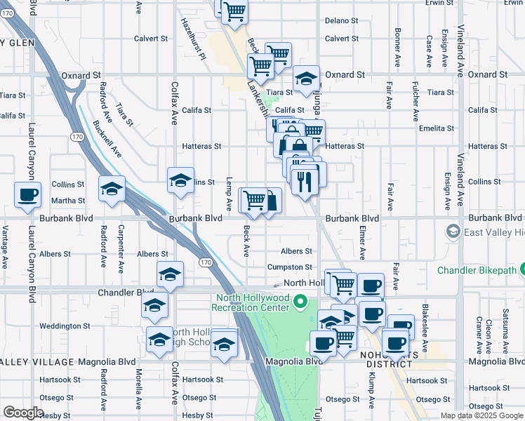 map of restaurants, bars, coffee shops, grocery stores, and more near 5624 Beck Avenue in Los Angeles