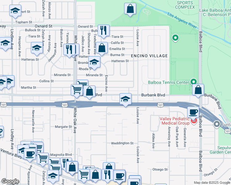 map of restaurants, bars, coffee shops, grocery stores, and more near 17423 Burbank Boulevard in Los Angeles