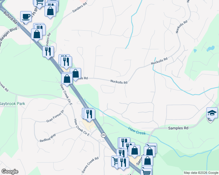 map of restaurants, bars, coffee shops, grocery stores, and more near 2710 Grapevine Circle in Cumming