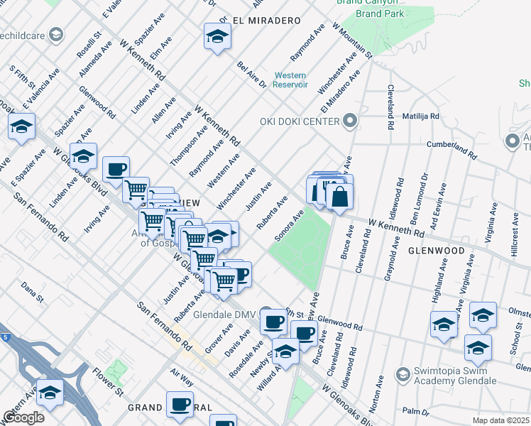 map of restaurants, bars, coffee shops, grocery stores, and more near 1239 Ruberta Avenue in Glendale