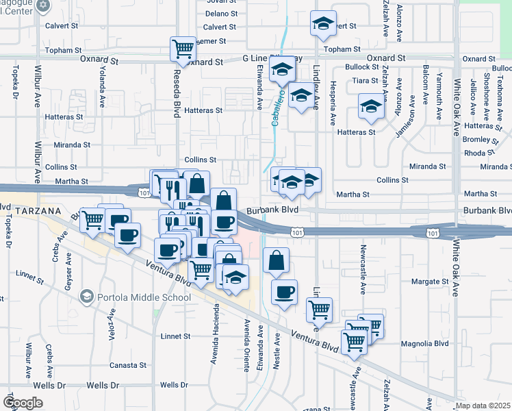 map of restaurants, bars, coffee shops, grocery stores, and more near 18307 Burbank Boulevard in Los Angeles