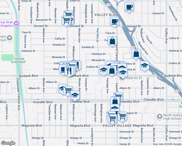 map of restaurants, bars, coffee shops, grocery stores, and more near 12300 Collins Street in Los Angeles