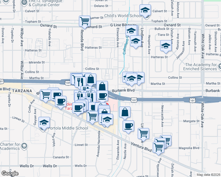 map of restaurants, bars, coffee shops, grocery stores, and more near 18307 Burbank Boulevard in Los Angeles