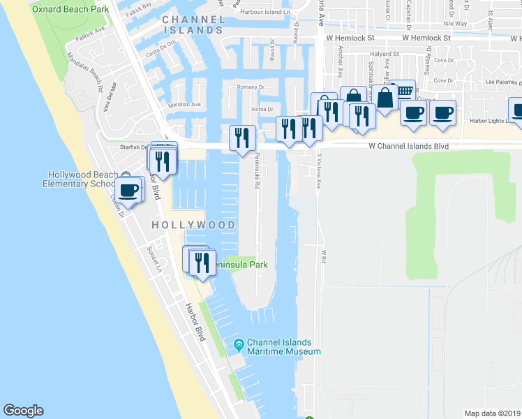 map of restaurants, bars, coffee shops, grocery stores, and more near 3162 Peninsula Road in Oxnard