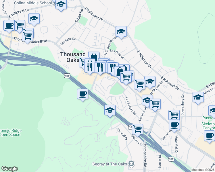 map of restaurants, bars, coffee shops, grocery stores, and more near 2450 Pleasant Way in Thousand Oaks