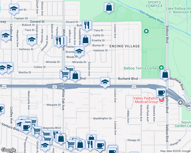 map of restaurants, bars, coffee shops, grocery stores, and more near 17442 Martha Street in Los Angeles