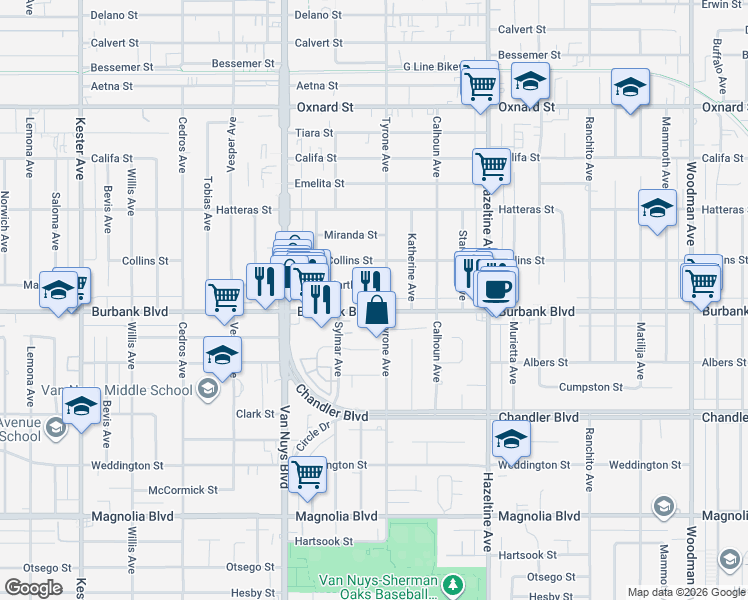 map of restaurants, bars, coffee shops, grocery stores, and more near 14315 Burbank Boulevard in Los Angeles