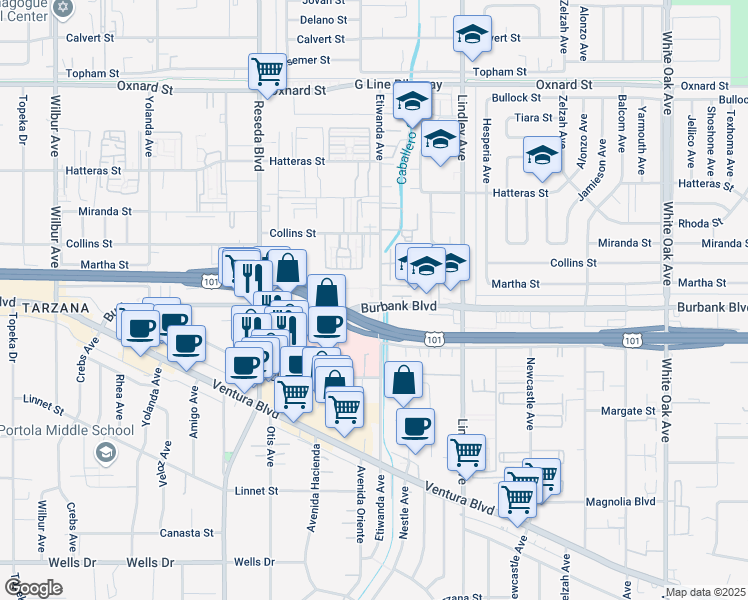 map of restaurants, bars, coffee shops, grocery stores, and more near 18307 Burbank Boulevard in Los Angeles