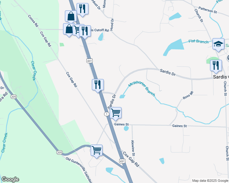 map of restaurants, bars, coffee shops, grocery stores, and more near 97 Gamble Street in Sardis City