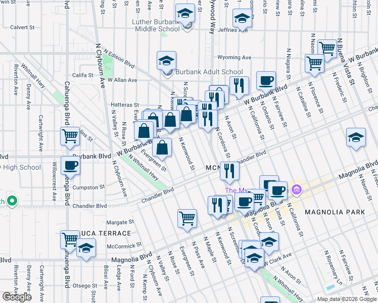 map of restaurants, bars, coffee shops, grocery stores, and more near 1304 North Kenwood Street in Burbank