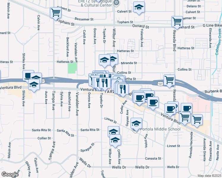 map of restaurants, bars, coffee shops, grocery stores, and more near 19001 Ventura Boulevard in Los Angeles