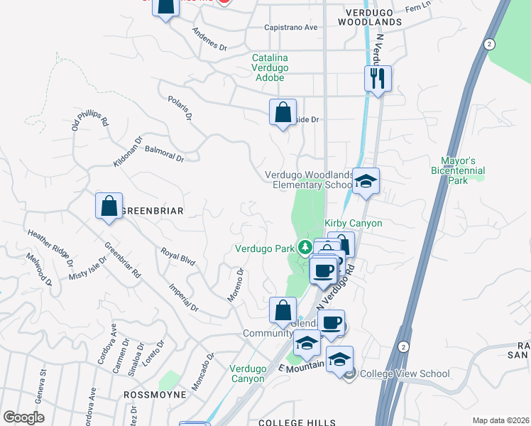 map of restaurants, bars, coffee shops, grocery stores, and more near 1924 Las Flores Drive in Glendale