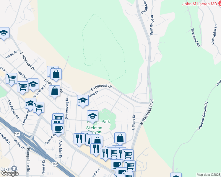 map of restaurants, bars, coffee shops, grocery stores, and more near 3136 West Sierra Drive in Westlake Village
