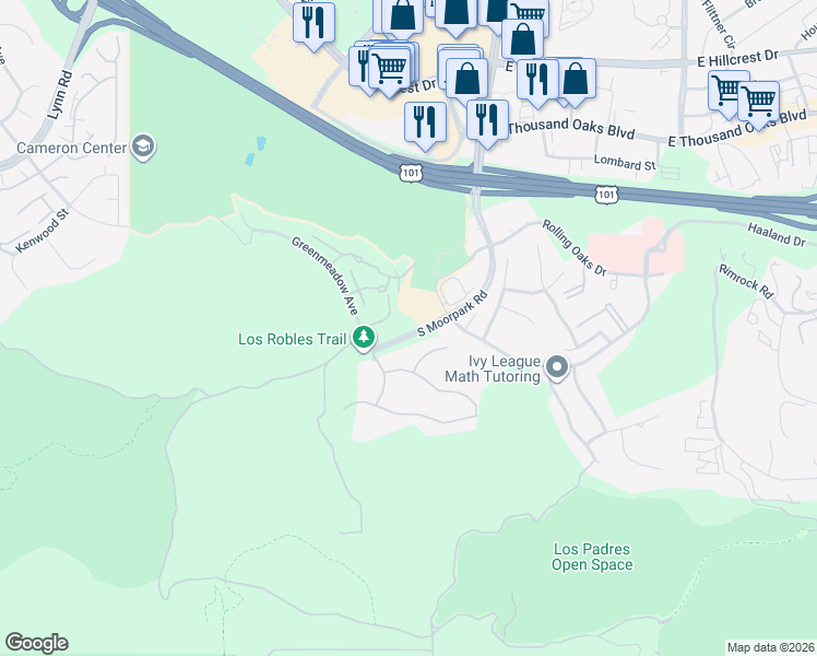 map of restaurants, bars, coffee shops, grocery stores, and more near 296 Green Moor Place in Thousand Oaks